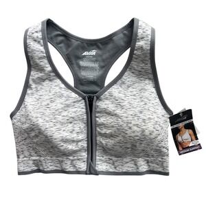 AVIA Women's XXL White Gray Heather Seamless Zip Front Sports Bra Medium Support